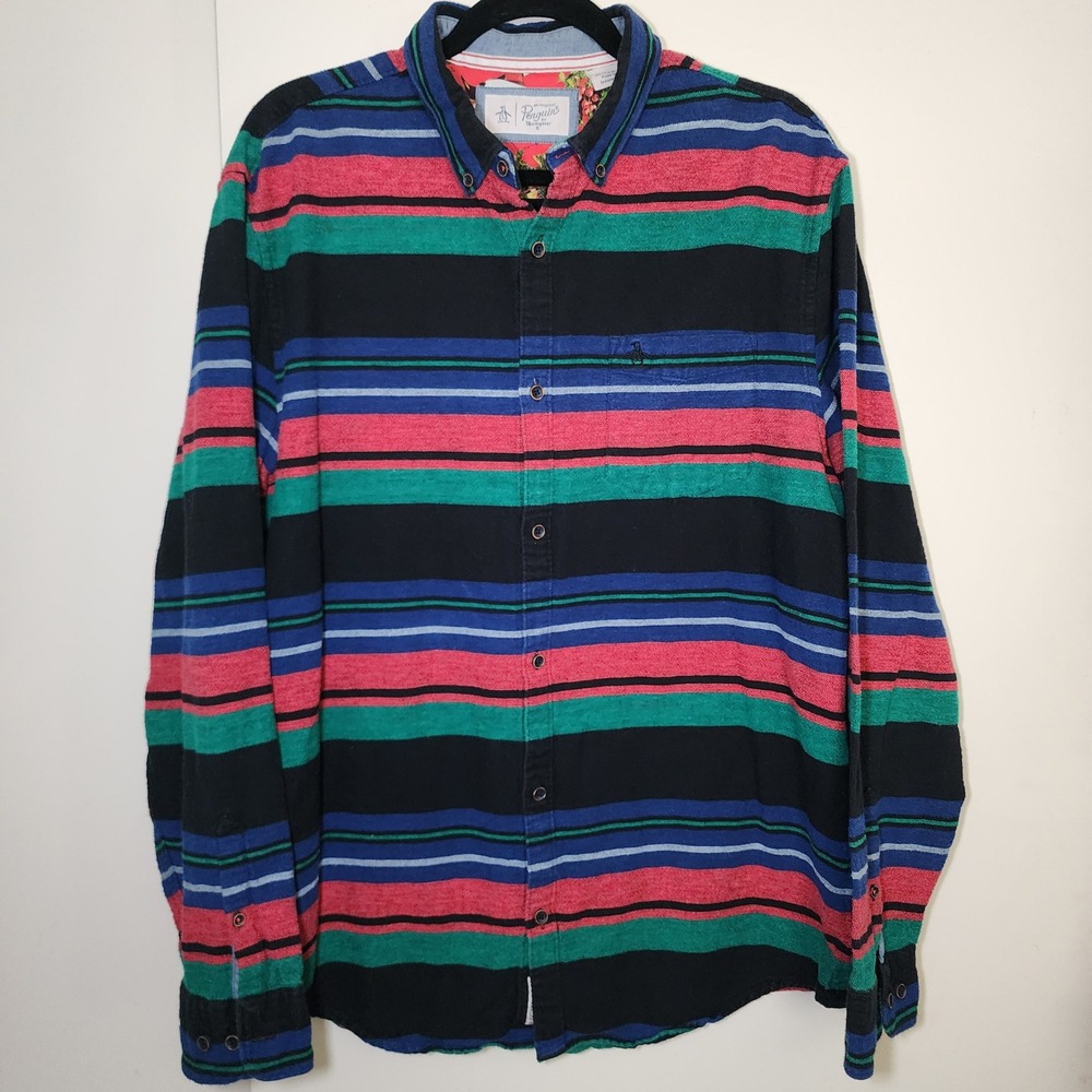 Original Penguin Shirt Mens XL Multicolor Striped Cotton Flannel OP4913 Rugged